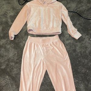 Silky pink velvet sweatsuit set.